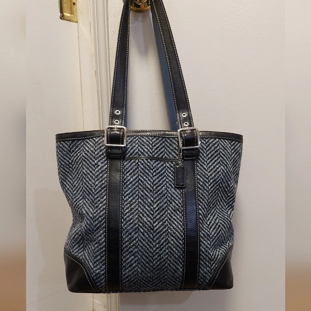 COACH Hampton Wool Tweed Herringbone Tote Shoulder Bag